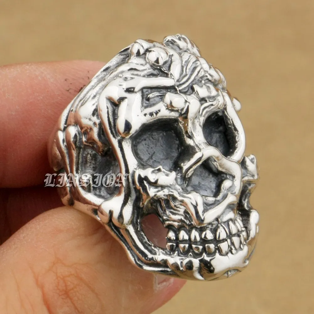 LINSION Erotischer nackter Ring aus 925er-Sterlingsilber, sexy nackte Grils, riesiger schwerer Totenkopf-Ring 9T025, US-Größe 7 bis 15292K