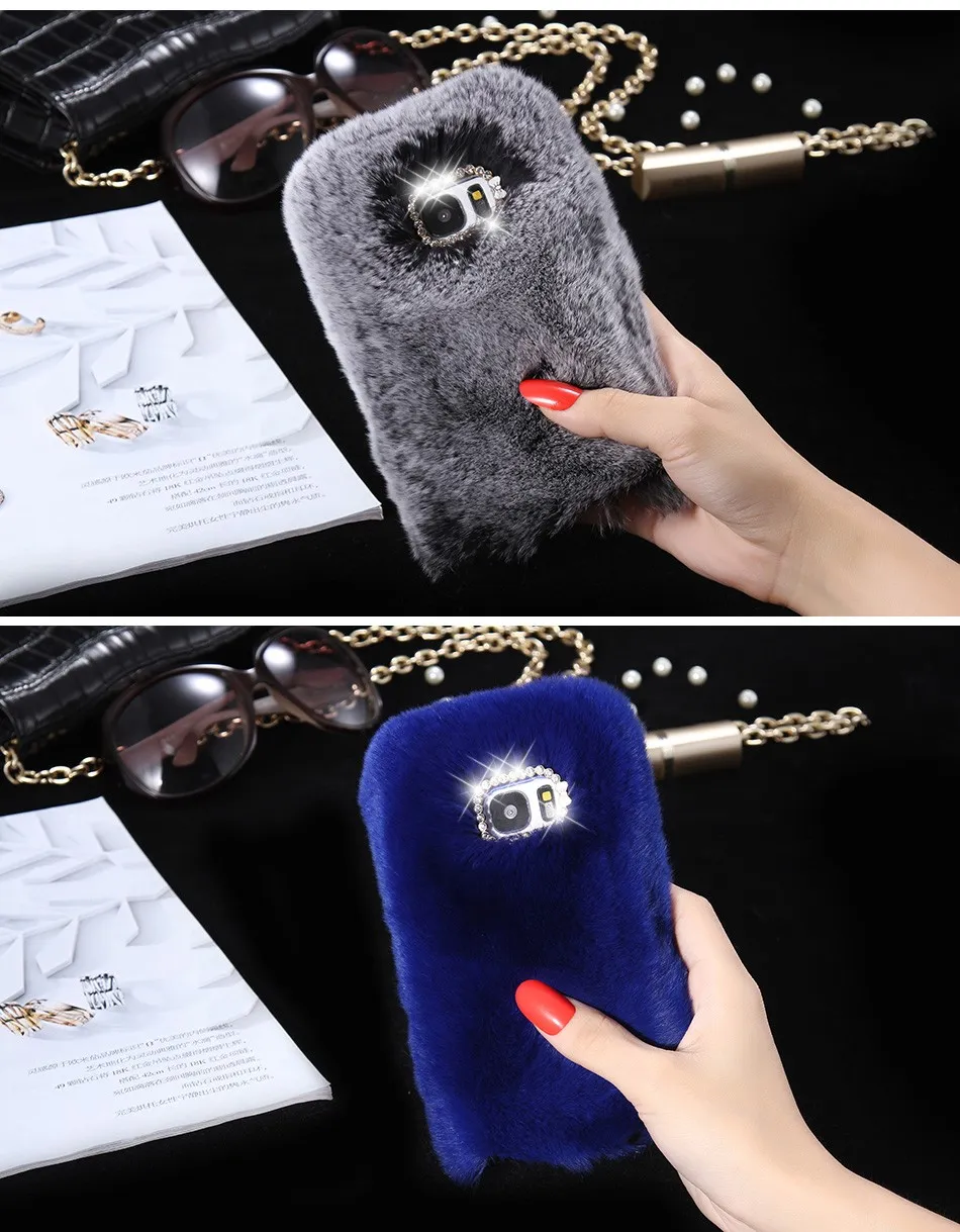 S7Edge Bunny Fur Hair Phone Funda Diamant Gat Haarkap voor Samsung Galaxy S7 S7Edge Case Smooth Phone Fundas Capa