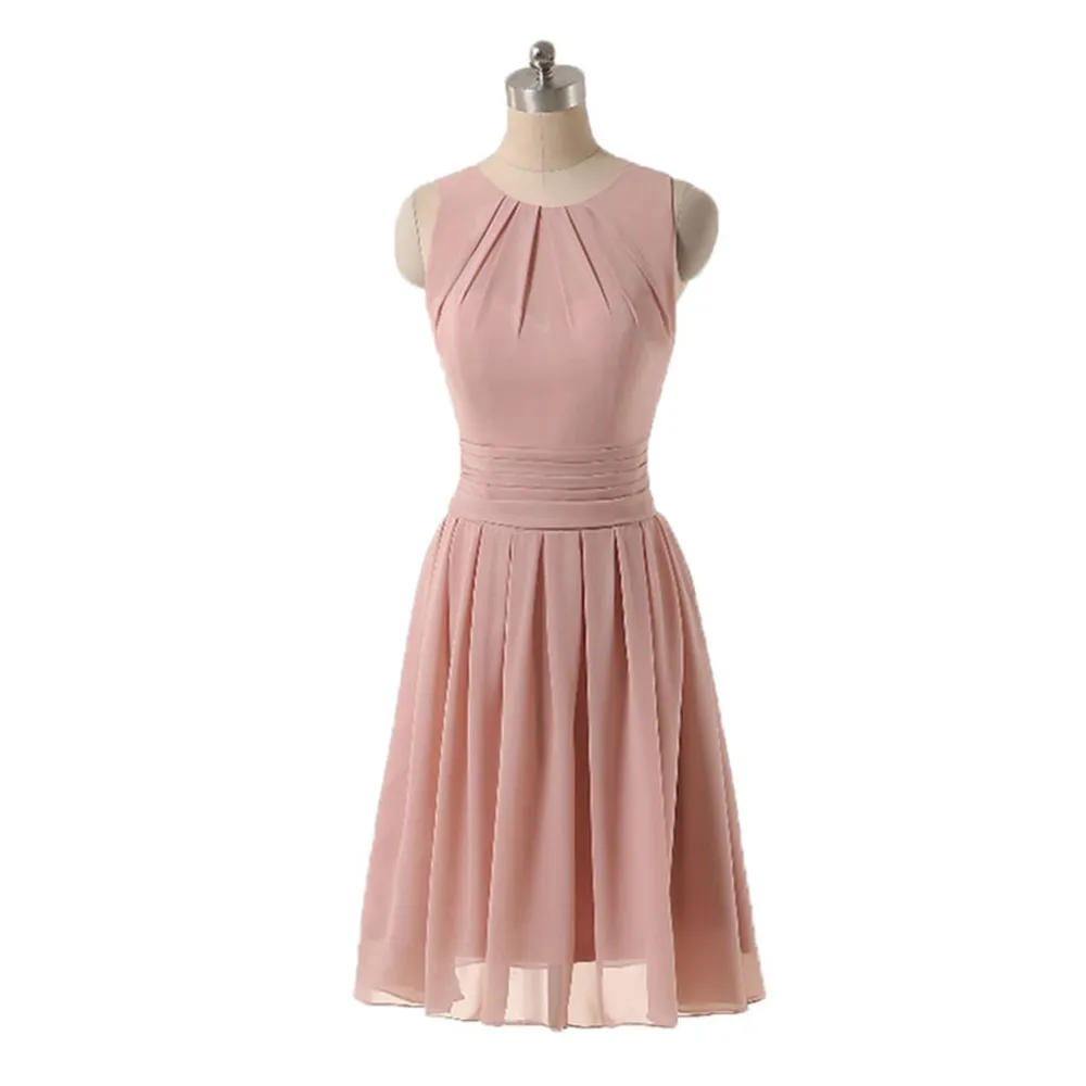 Blush rosa vestidos de dama de honor 2018 gasa corta vestidos de fiesta de invitados mini joya cuello acanalado simple vestido para niñas foto real