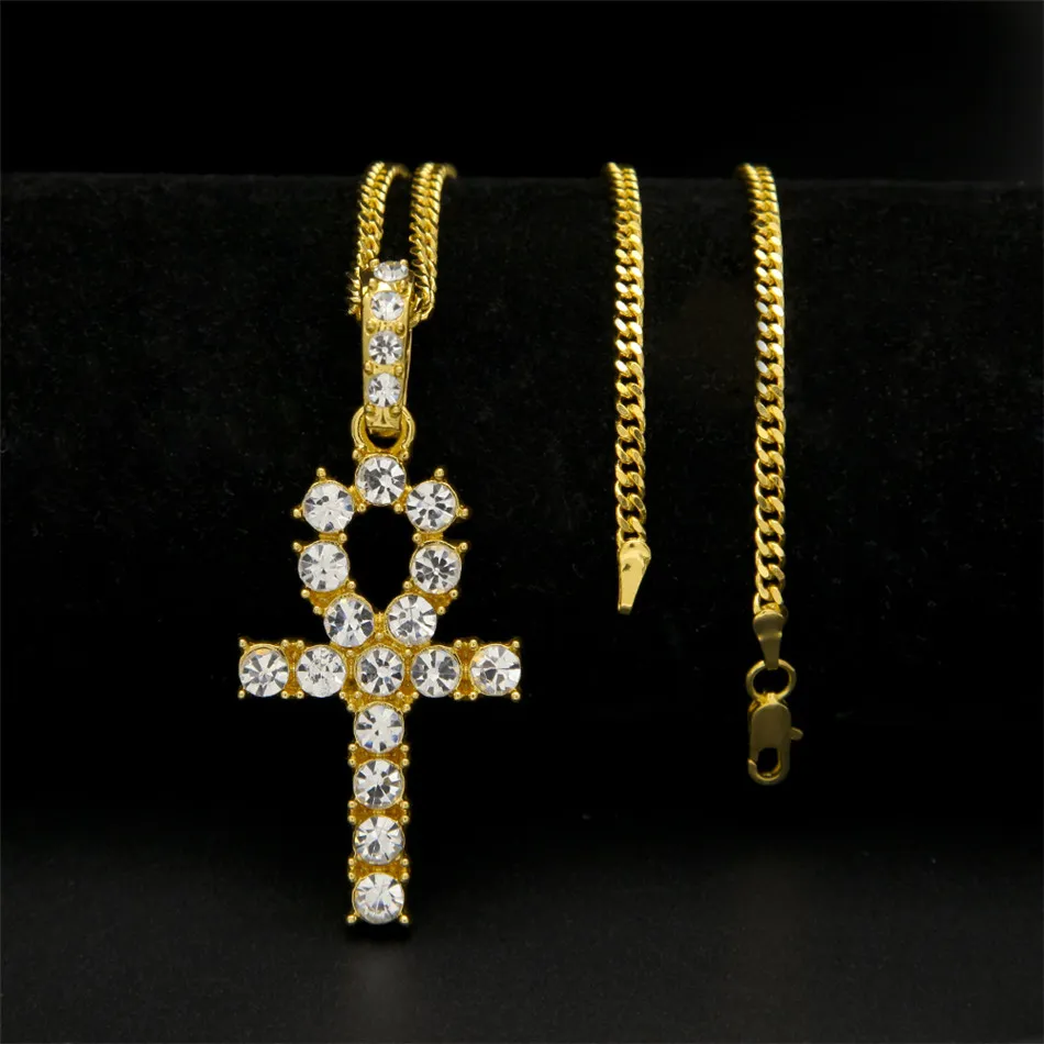 Ankh égyptien avec croix pendentif collier ensemble strass cristal clé de la vie egypte croix colliers Hip Hop ensemble de bijoux