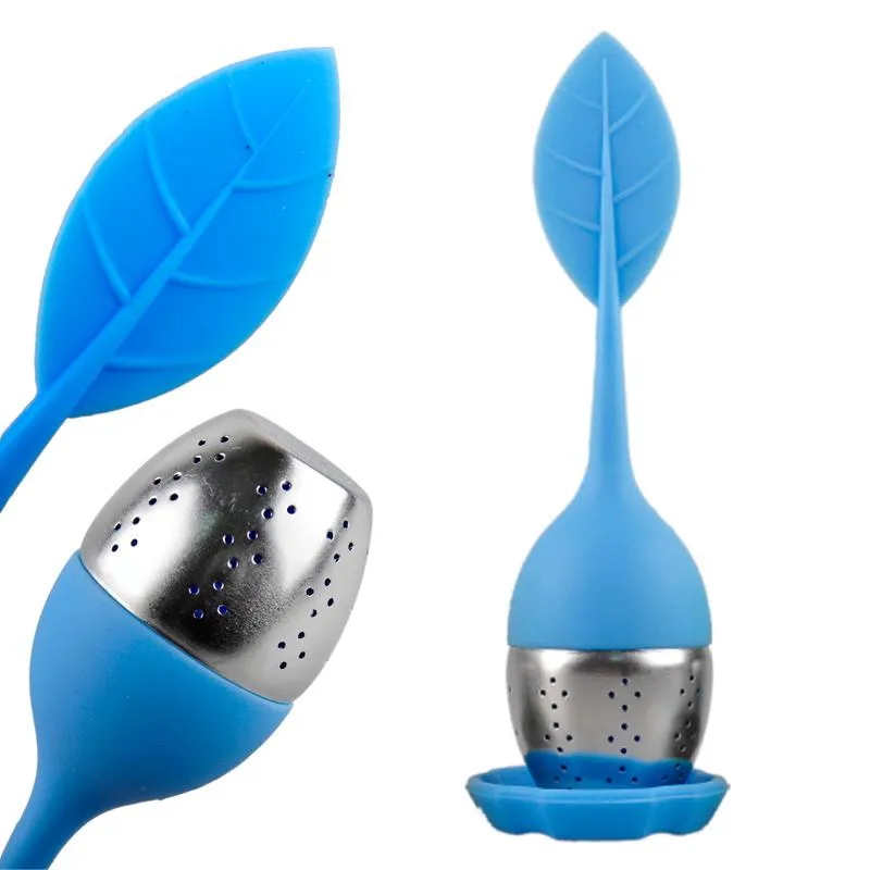 Tea Infuser Rostfritt stål Strålare Kreativ design Leaf Shape Filter Silikon Infuser med matkvalitet Gör tepåsfilter med brickor