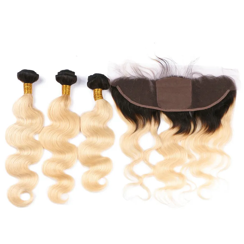 1b / 613 Ombre Silk Base 13x4 Kant Frontale sluiting met Bundels Body Wave Blonde Ombre Menselijk Haar met Zijde Top Kant Frontaal