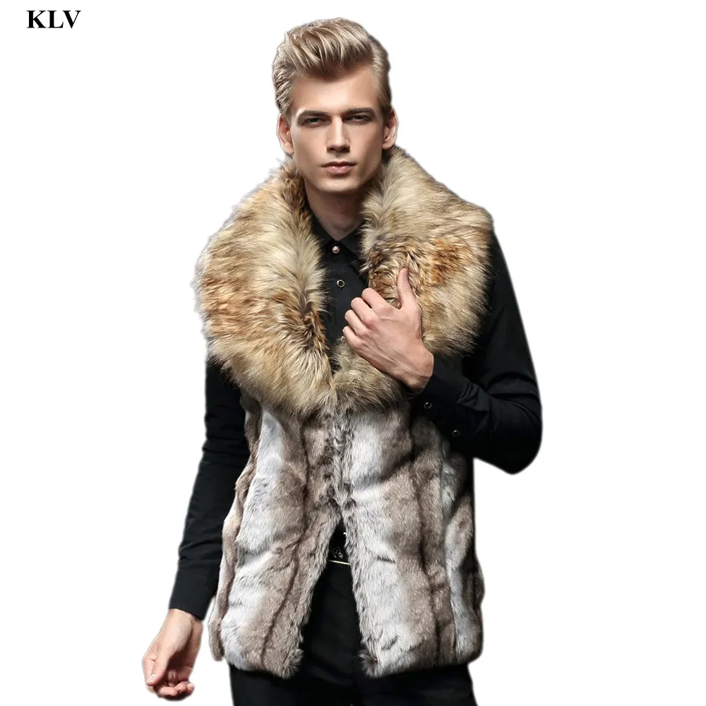 Groothandel - luxe mannen faux bont mouwloze vest engeland stijl mannelijke winter warme jas bont kraag cardigan jas jongen lange vest gilet dec6