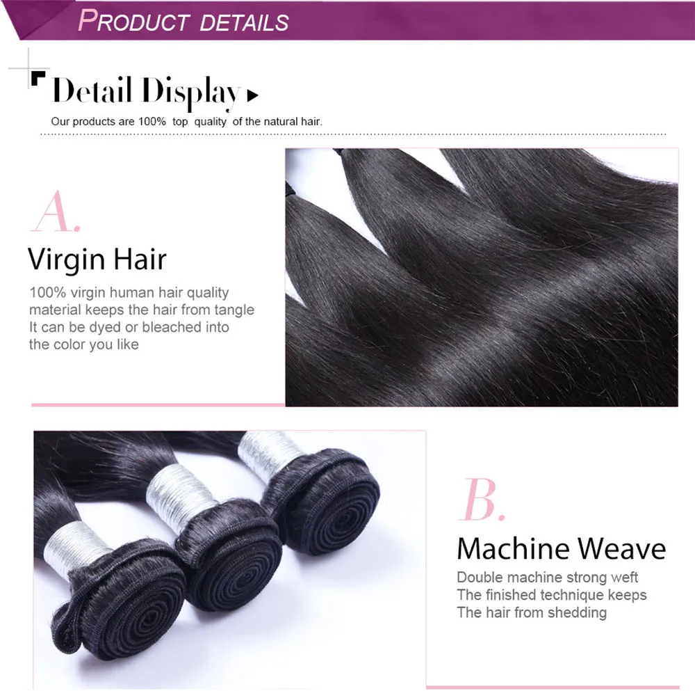 Brazylijski Malezyjski Indian Peruwiański Kambodżański Dziewiczy Włosy Wyplata 7a Grade Brazillian Human Hair Extensions Podwójny Wątek Naturalny Kolor