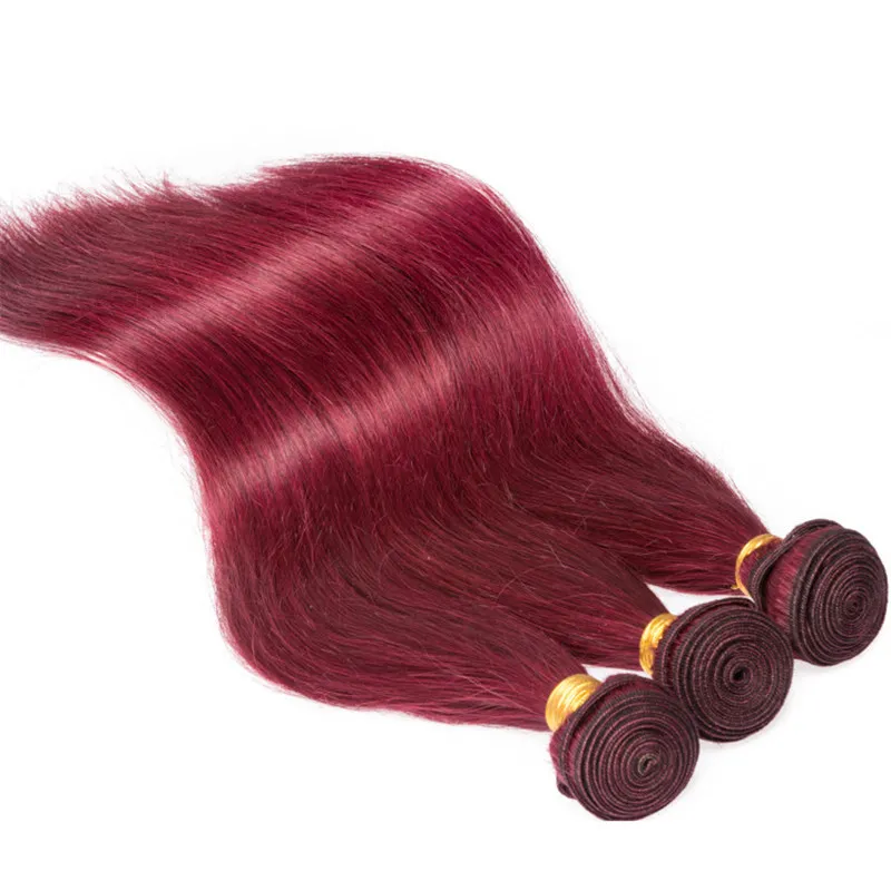 Paquetes de armadura de Borgoña de cabello humano de Malasia virgen con cierre frontal Recto # 99J Tejidos de cabello humano rojo vino con 13x4 Frontal de encaje completo