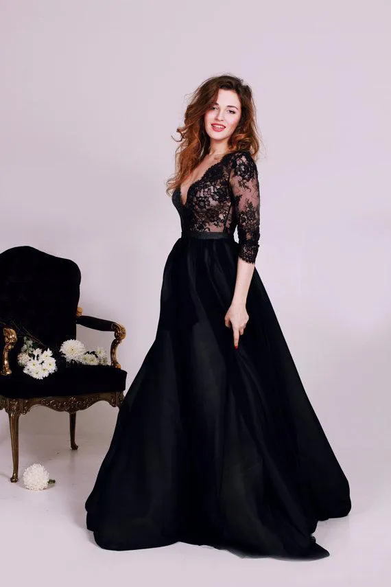 Vintage 2016 Czarny Koronki Tulle Suknie Ślubne A-Line Tanie V Neck 3/4 Długie Rękaw Gotyckie Suknie Ślubne Plus Size Custom Made E11107