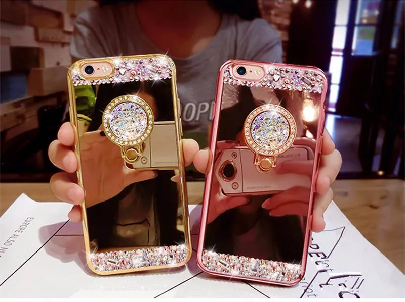 Telefoonhoesjes voor iPhone 6 6 S Luxe Dames Diamond Mirror Case met Telefoon Ring Stand Zachte TPU-zaak voor iPhone 6S Case Glitter