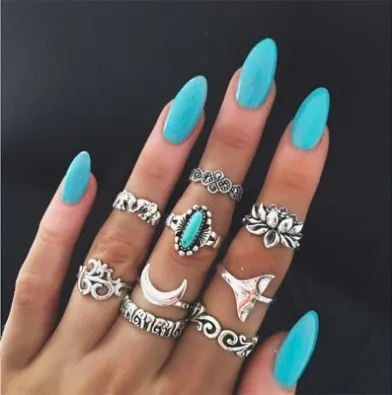 Retro Womens Joint Knuckle Nail Ring Set Turquoise Embellished Lotus Moon Stack Rings  Knuckle Midi Mid Finger Tip Stacking Ri