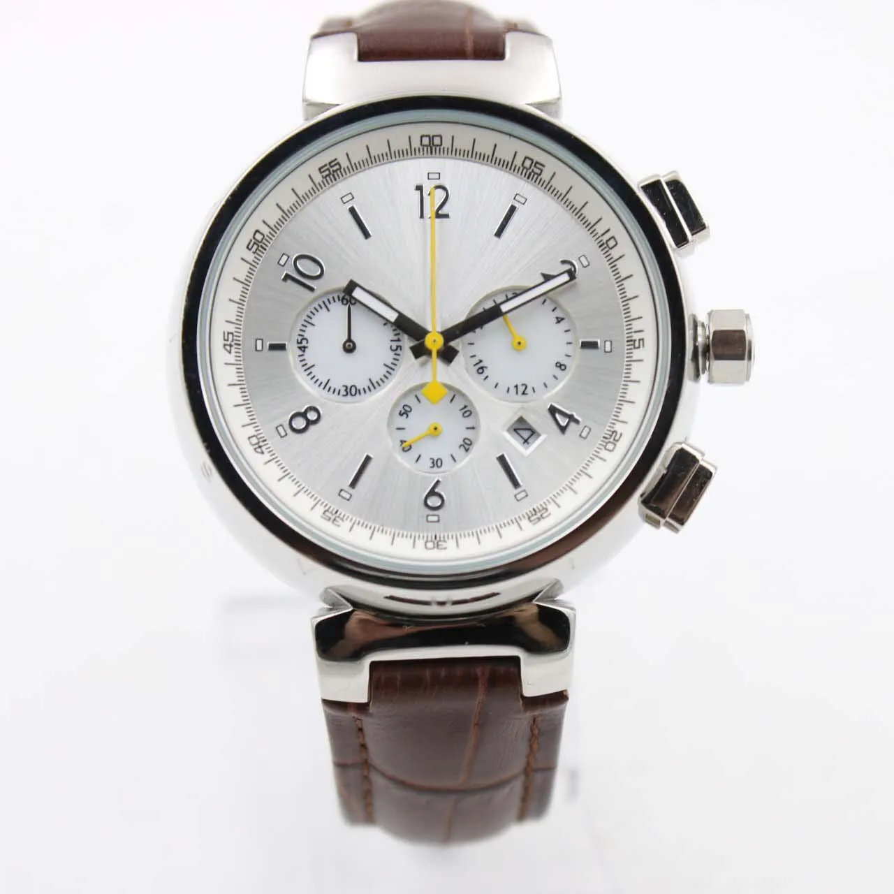 TAMBOUR Series Assista 42MM Elegante Quartz Chronograph Mens Relógios Com Um Disque Branco Em Um Brown Alligator Strap