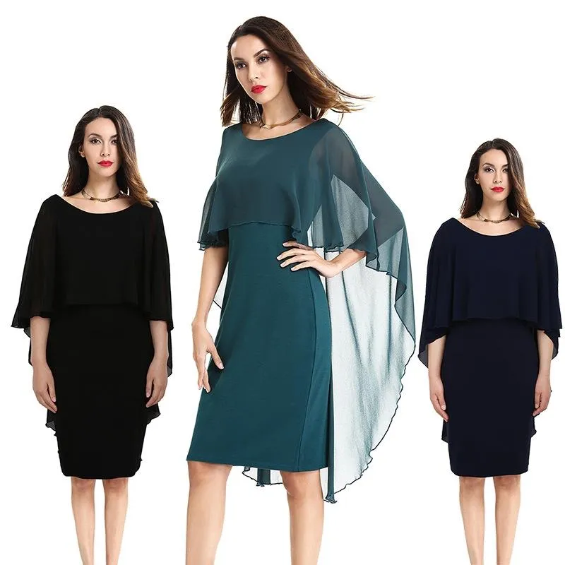 Plus Size S To XXXXL Chiffon Cloak Batwing Party Evening Bodycon Pencil Dresses 3 Colors Black Green Navy