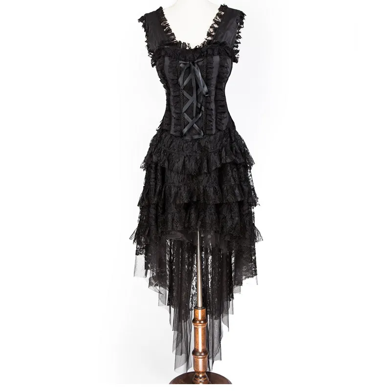 Vintage nouvelles femmes robe de mode noir à volants et ruban dos nu corset avec jupe hi-lo superposée danse Costume robes de soirée pour mariée fantôme