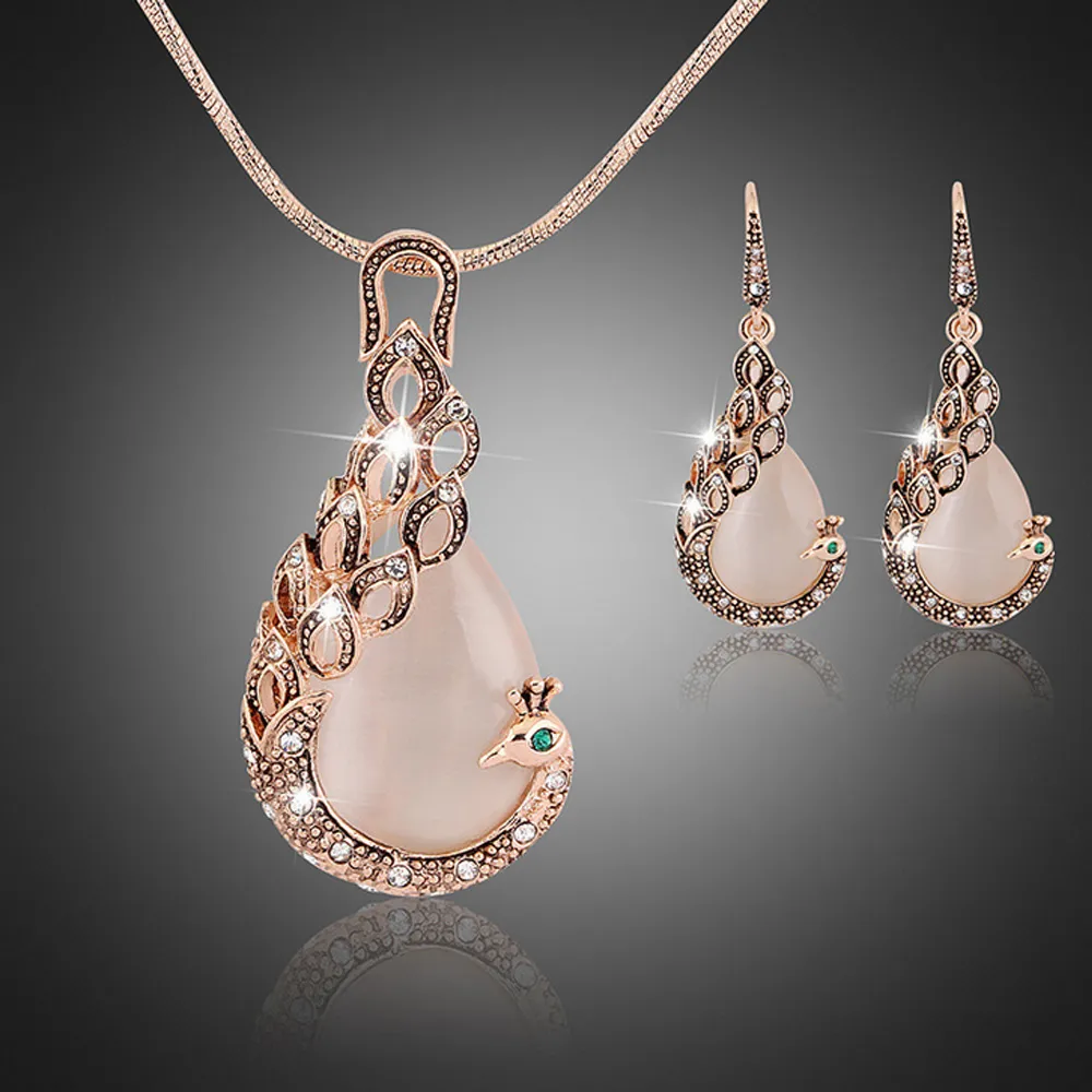 Women ladies peacock crystal rhinestone pendant necklace drop earring set fashion waterdrop jewelry set gift for love