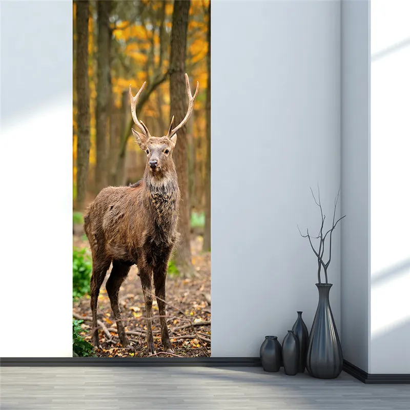 Calcomanías de pared autoadhesivas de ciervos del bosque, póster 3d de imitación, pegatina de pared del dormitorio para sala de estar, pegatinas de puerta de pvc