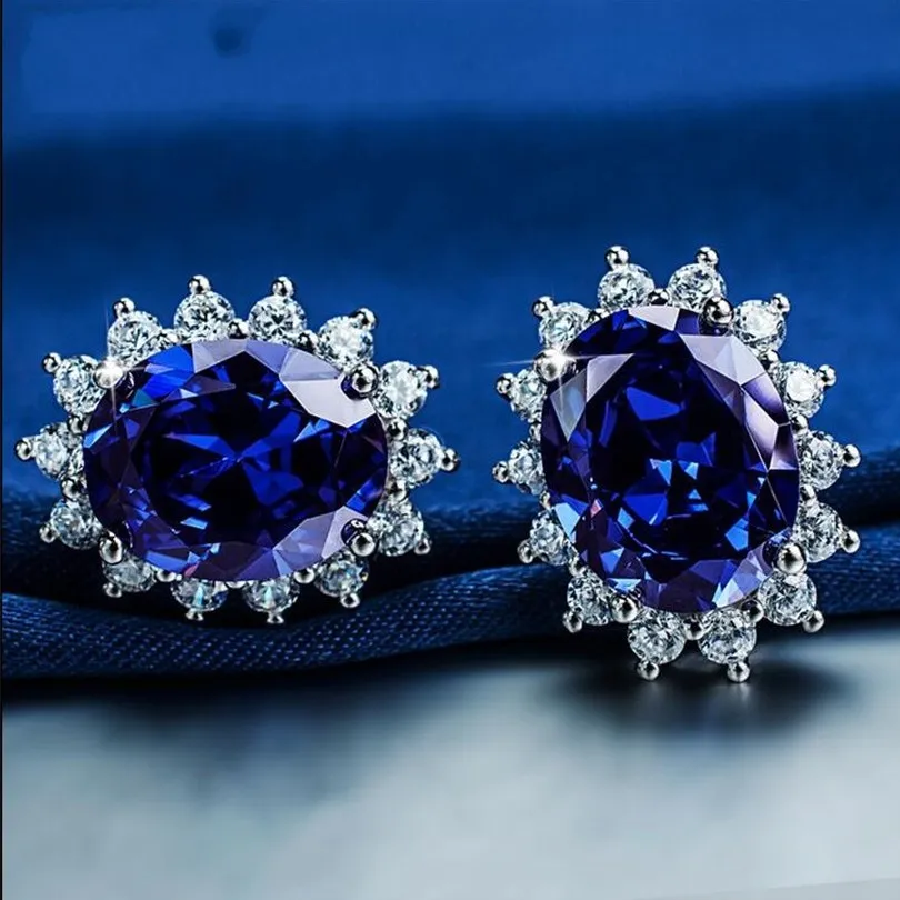 Księżniczka Diana Kolczyki ślubne Biżuteria Naprawdę Solidne 925 Sterling Silver Oval Blue Sapphire Kamień Kolczyki Prezent Dla Kobiet Dziewczyna