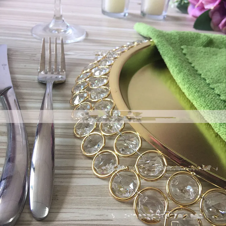 Fournisseurs de fête de mariage assiettes de chargeur en verre de cristal d'or ou de ruban