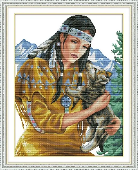 Beauty and wolf pup, handmadel diy painting counted print on canvas needlework embroidery Sets DMC 11CT 14CT Cross Stitch kits