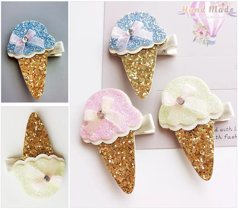 lot Glitter Felt Pink Icecream Baby Girls Hair Clip with Mini Bow Hair Barrette Cute Sequin Gold Silk Hairpin New Arrival4321657