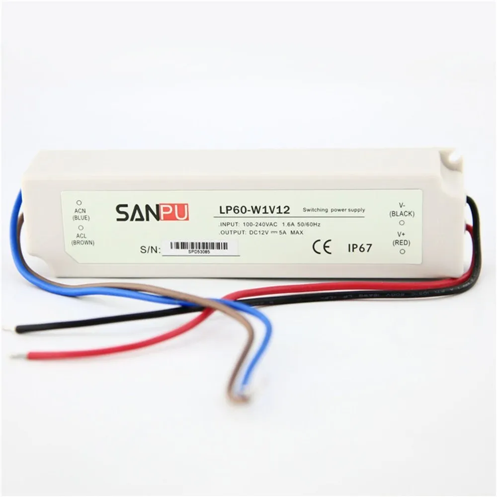 SANPU 60W 방수 LED 전원 공급 장치 12V / 24V DC 드라이버 IP67 흰색 플라스틱 껍질 스트립 변압기 LP60-W1