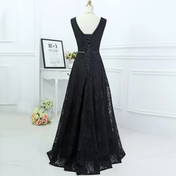 Black Lace A-Line Bridesmaid Dress V-Neck Sleeveless Lace-Up Back  Floor-Length Wedding Guest Gown from Dhgate Bridesmaid Dress - price 120.61