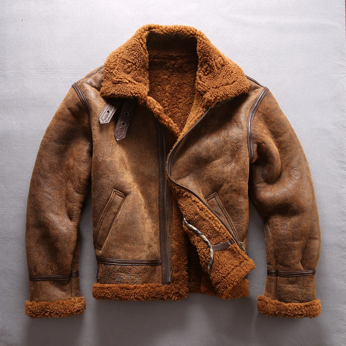 Double-faced Fur Avirexfly Sheepskin Leather Jackets B3 Air Force Lapel Neck Flight