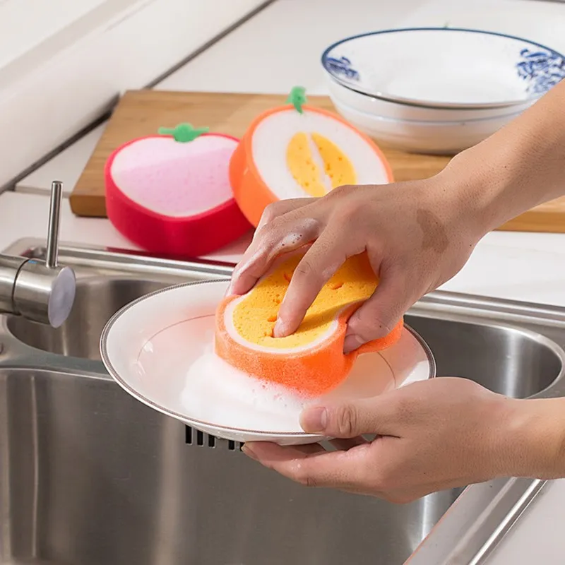 Cute Fruit Shape Microfiber Kitchen Sponge For Washing Scouring Pad Washing Towel Sponges Dishes Clearing Kitchen Tool Cleaning Supplies