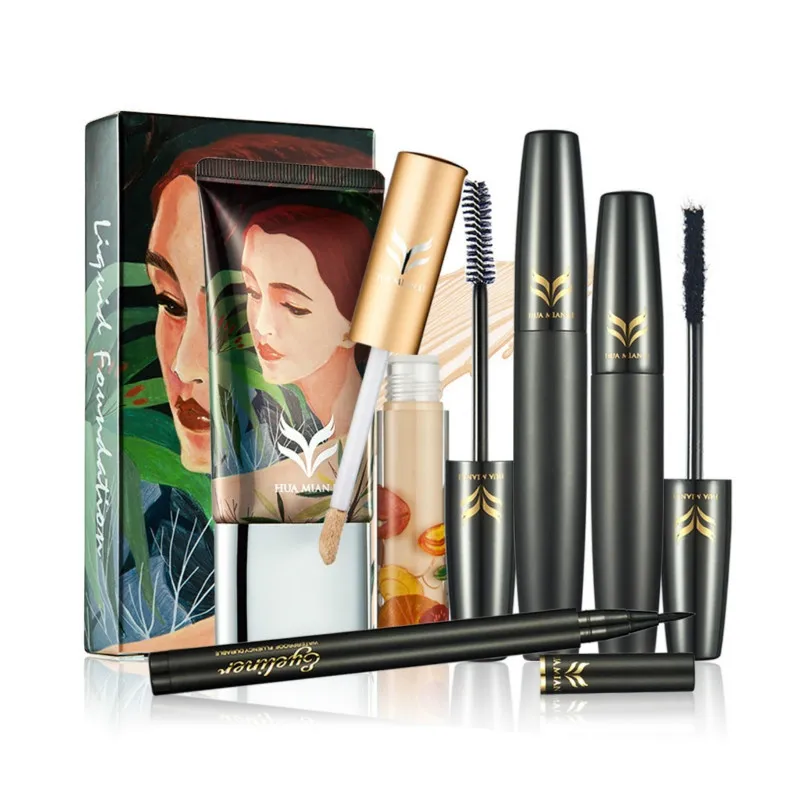 HUAMIANLI 4 Pcs Full Makeup Set / Mascara Foundation Concealer and Eyeliner Professional Illustration Style Complete Make up Kit Sets