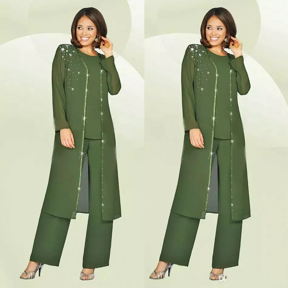 Green Plus Size Matka Spodnie Panny Młodej Garnitur z długą kurtką na śluby pana młodego Outfit Outfit Wedding Guest Dress