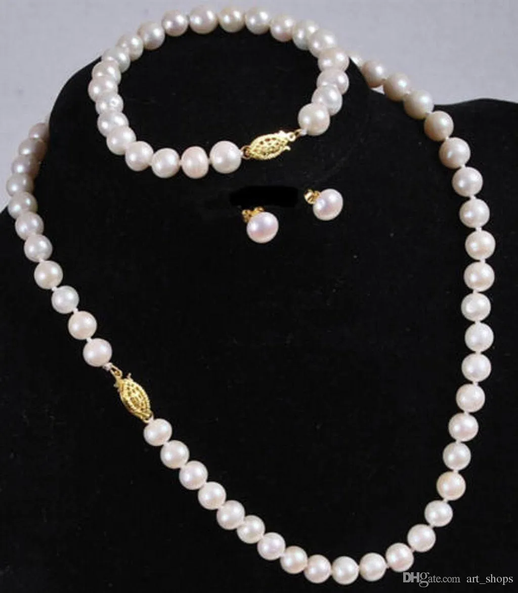 Natural 7-8MM White Akoya Cultured Pearl Necklace Bracelet Earring Set