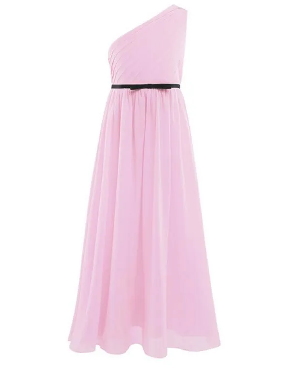 Vestido Longo Chiffon One-shoulder Pleated Dress Flower Girls Maxi Dresses for Party and Wedding Kids Junior Bridesmaid Dress Evening Gowns