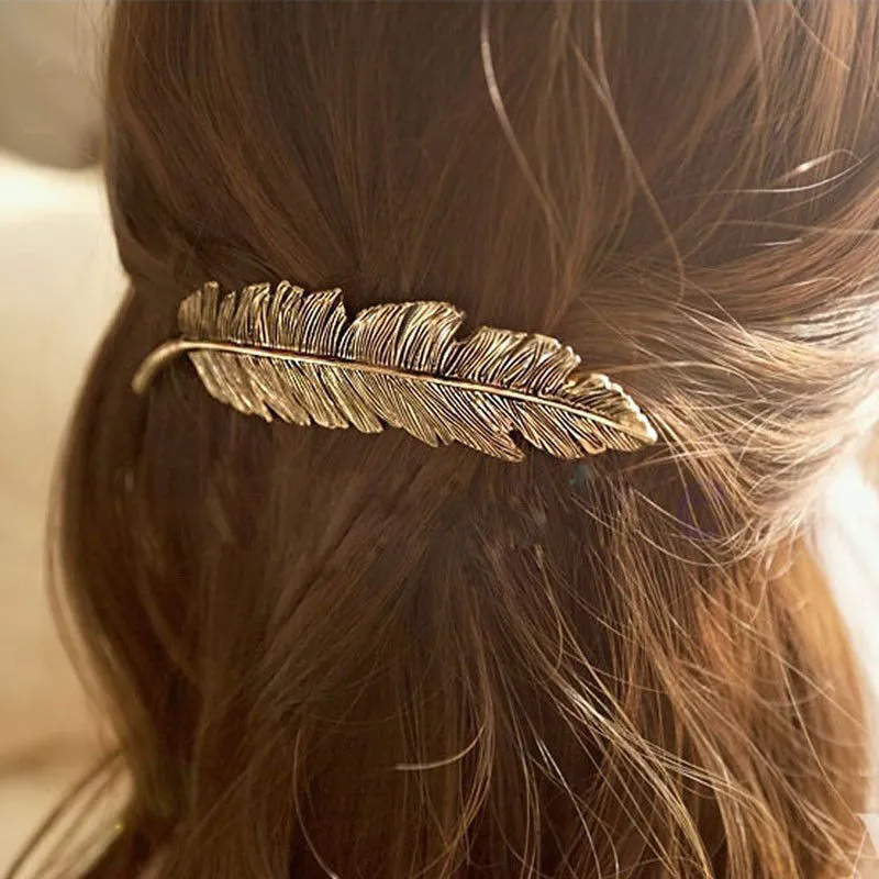 Femmes feuille plume pince à cheveux épingle à cheveux Barrette épingles à cheveux accessoires de cheveux Bronze # R46