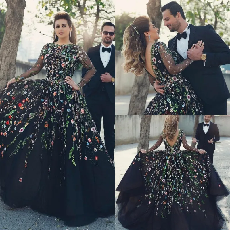 Black Backless Emboridery Flowers Prom Dresses Lace Applique Long Sleeve Party Gowns Custom Made Ball Gown Evening Dress