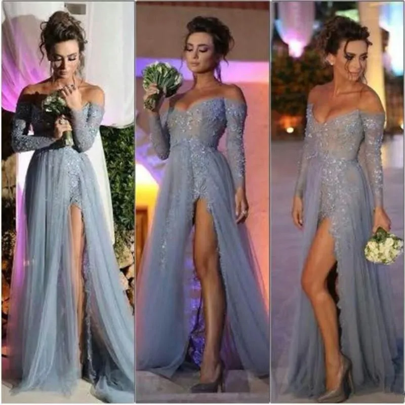 2019 New Fashion Long Sleeves Dresses Party Evening A Line Off Shoulder High Slit Vintage Lace Grey Prom Dresses Long Chiffon Formal Gowns