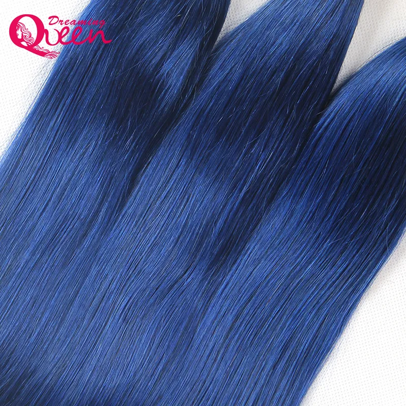 1B Ocean Blue Straight Ombre Brazilian Virgin Human Hair Weaves 3 Bundles With 13x4 Ear to Ear Lace Frontal Closure With Baby Hair