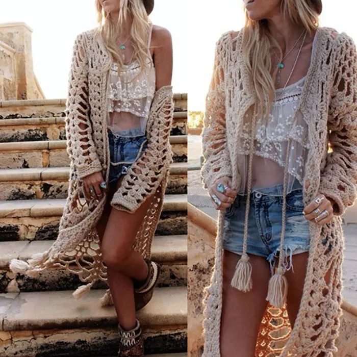 New Bohemia Fashion Women Cardigans Crochet Knitted Sweater Long Sleeve Hollow Out Outwear Sweaters Coat C2990