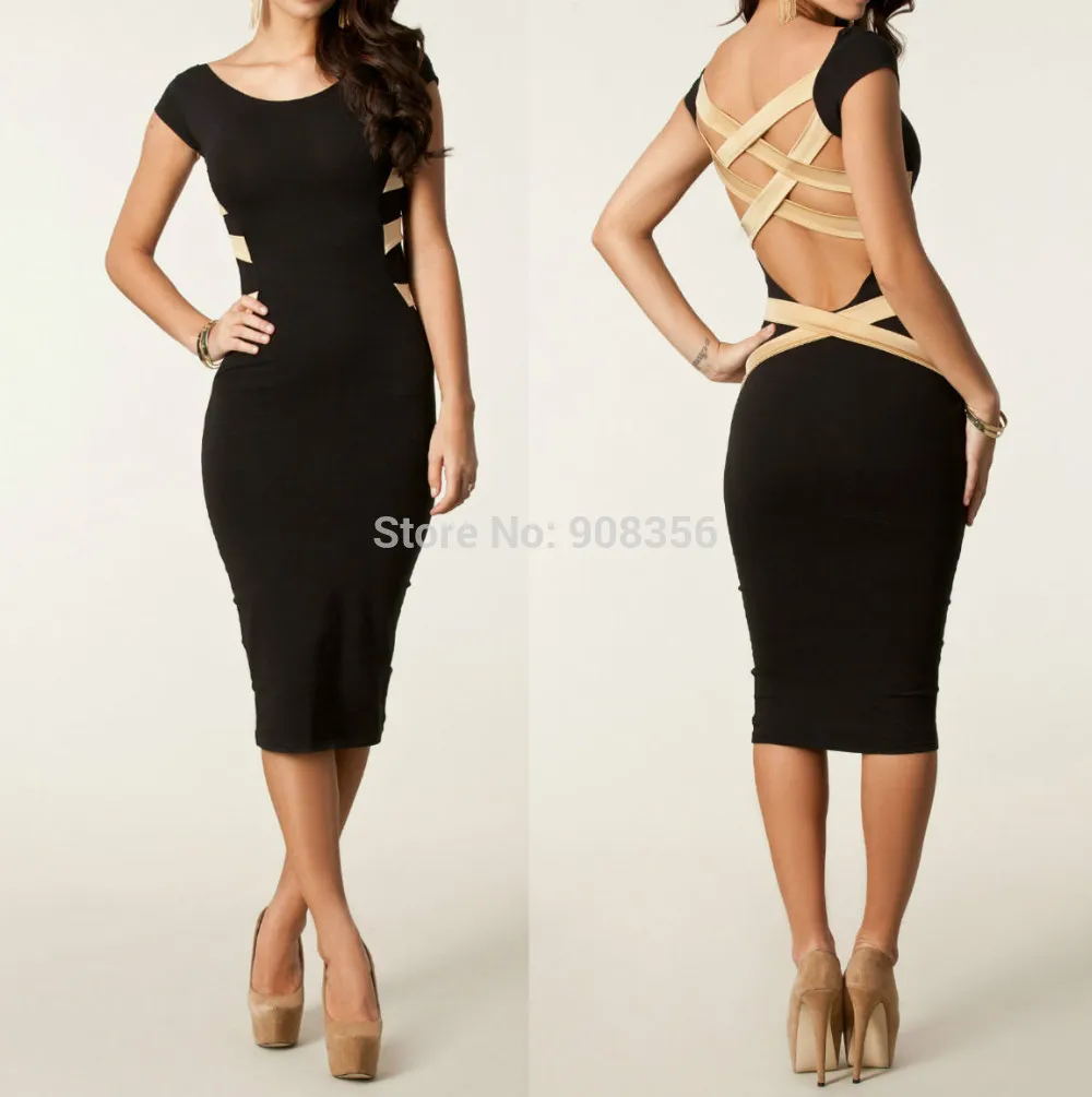 Women Plus Size Knee-Length Black Bodycon Dress with Flutter Sleeves and  Hollow Out Patchwork in Cotton Polyester Broadcloth