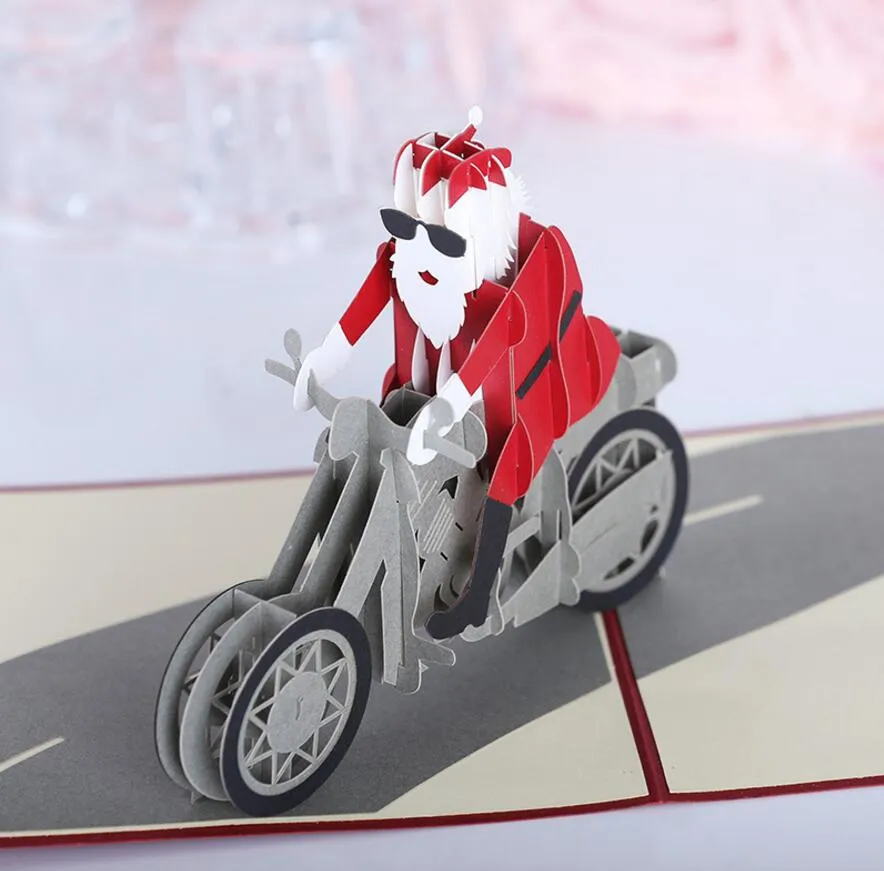 Hot 10 stks Santa Motorcycle Kirigami Origami 3D Pop-up Wenskaarten Uitnodigingskaart voor Bruiloft Kerst Verjaardag Party Gift