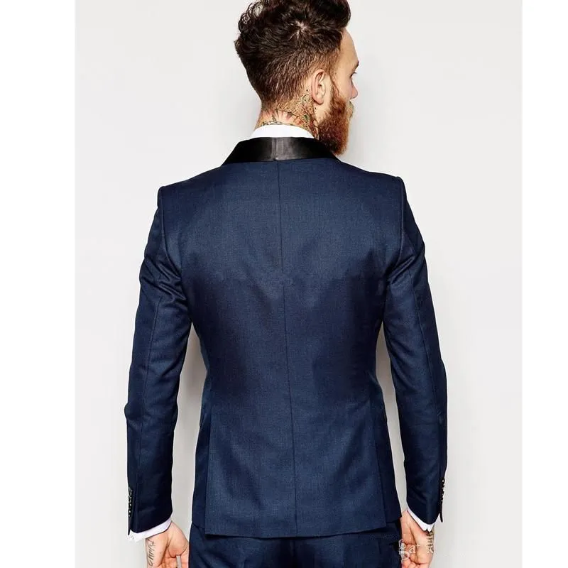 신랑 턱시도 Groomsmen One Button Navy Blue Shawl Lavel Best Man Suit Wedding Men 's Blazer Suit 사용자 정의 자켓 + 바지 + 조끼 + 넥타이 K119