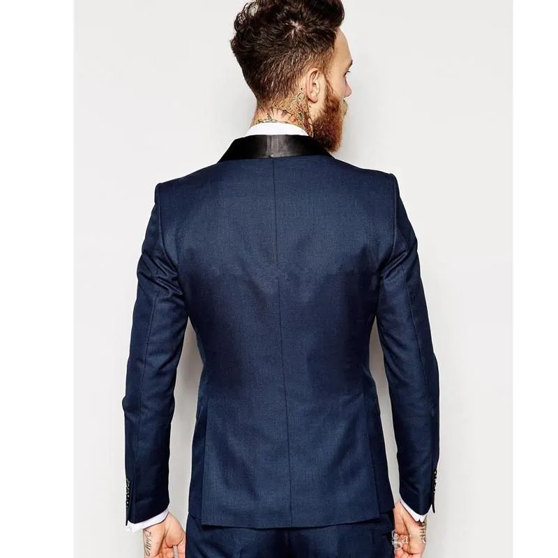 Groom Tuxedos Groomsmen One Button Navy Blue Shawf Lapel Najlepszy Mężczyzna Garnitur Ślub Męskie Blazer Garnitury Custom Made Kurtka + Spodnie + Kamizelka + Krawat K119