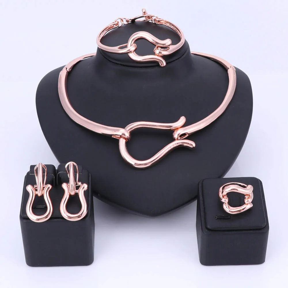 Afrikanische Schmuck-Sets für Damen, Roségold, modisch, Braut, Hochzeit, elegante romantische Hochzeit, Halskette, Ohrring, Armreif, Ring, Schmuck-Sets