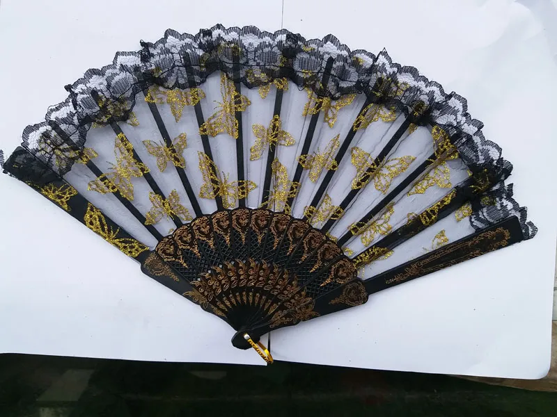 Kinesisk stil Lace Gilt Edge Plastic Fan Needle Point Gold Butterfly Transparent Lace Plastic Handheld Folding Fans 60st / Lot