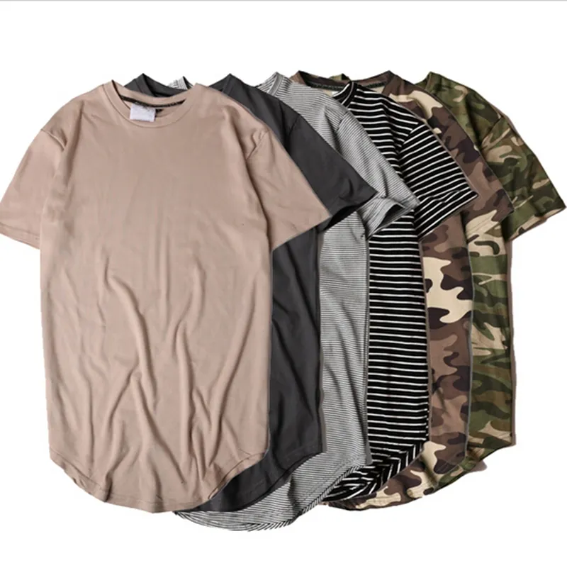 Ny stil sommar Striped Curved Hem Camouflage T-shirt Män Longline Extended Camo Hip Hop Tshirts Urban KPOP Tee Shirts Mens Kläder