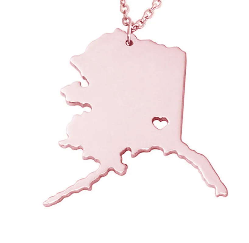 Alaska Map Stainless Steel Pendant Necklace with Love Heart USA State AK Geography Map Necklaces Jewelry for Women and Men