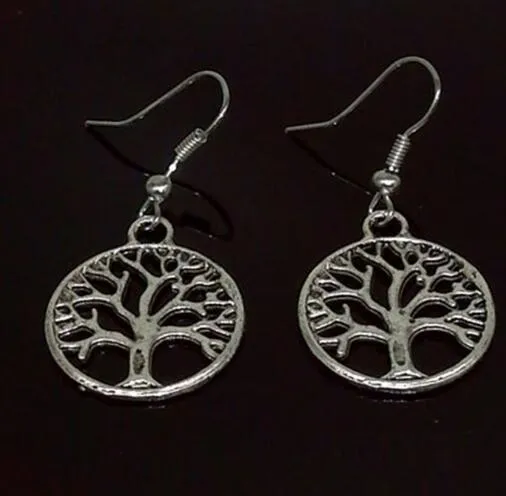 Antik Silver Tree of Life Charm Örhängen DHL Pierced Ears 925 Silver Plated Fish Ear Hook Chandelier Smycken Julklapp