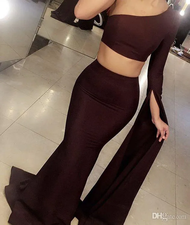 Cheap Two Pieces Sexy Evening Dresses One Shoulder Long Sleeves Plus Size Formal Prom Party Gowns Custom Made