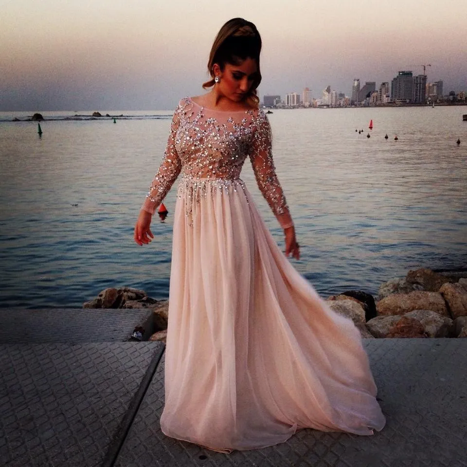 Elegant Sheer Turkish Long Sleeve Evening Gowns With Beading And