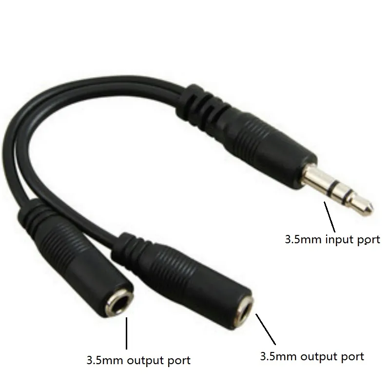 dual 3.5mm earbud earphone splitter AUX cable 1 input port and 2 output ports black