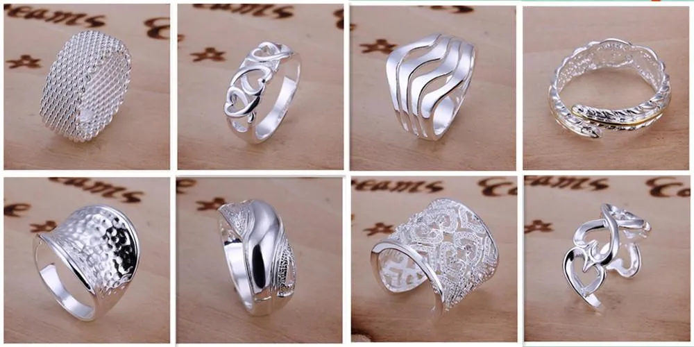 New Arrive 925 silversmycken 50 style 50st Charming Women girls fingerringar Multi Styles Ringar Mix size Hot Rea