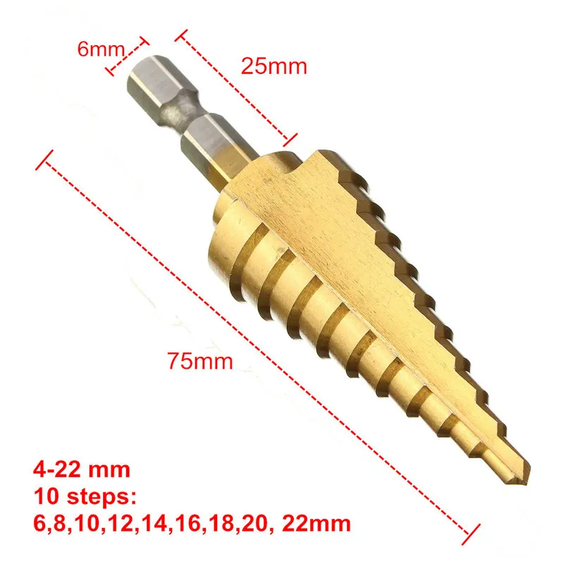 Hex Titanium Step Cone Drill Bit 4-22MM Hole Cutter HSS 4241 For Sheet Metalworking Wood Drilling High Quality Power Tools