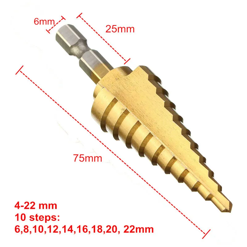 Hex Titanium Stap Cone Boor 4-22 MM Gatensnijder HSS 4241 Voor Plaatbewerking Hout Boren Hoge kwaliteit Elektrisch gereedschap