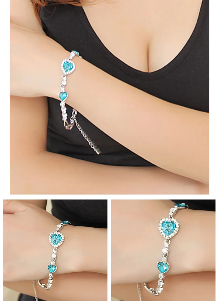 Moda Ocean Heart Crystal Bransoletka Kobiety Akcesoria Biżuteria Ochrona Promieniowania Stopu Bransoletki Bransoletki Hot Selling Link Łańcuch